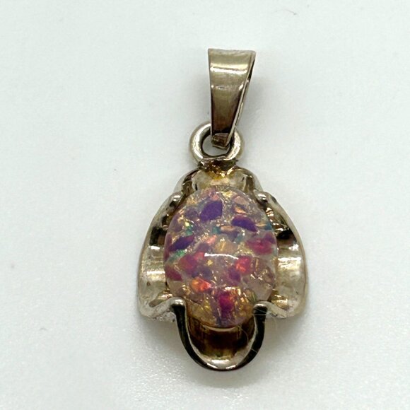 Estate Jewelry - Vintage 925 Sterling Silver Pendant Confetti Faux Opal Boho Mexico 8.44 Grams